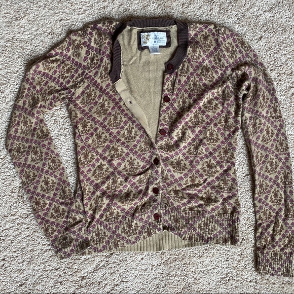 Floral Button Sweater Cardigan Fossil Pink Flowers Brown Top - Picture 5 of 8